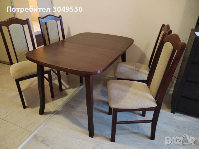 Разтегателна дървена маса с 4 стола + Холна масичка, снимка 2 - Маси - 53438390