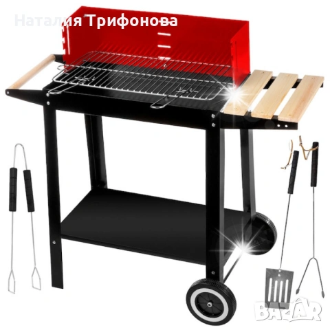 Градинско барбекю на колела, емайлирана стомана, 4 степени + Подарък 3 прибора, снимка 6 - Барбекюта - 53403498