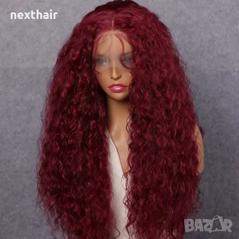 Къдрава лейс фронт тъмно червена бордо синтетична перука с дантела 13*4, снимка 3 - Аксесоари за коса - 50050233