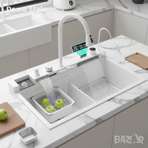 Умна кухненска мивка с изтеглящ се кран – LED дисплей, водопад, филтрирана вода и пълен комплект за , снимка 3 - Мивки - 53286306