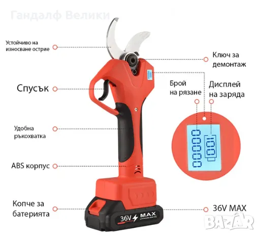 Акумулаторна лозарска ножица ТАЙГА 36 V, снимка 3 - Градинска техника - 48676552