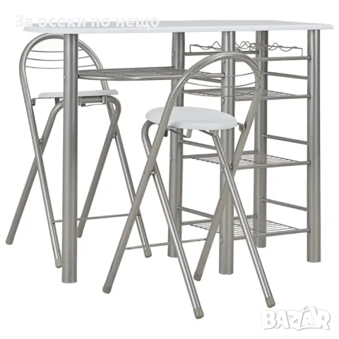 Бар Комплект От 3 Части С Рафтове, Дърво И Стомана, Бял