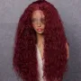 Къдрава лейс фронт тъмно червена бордо синтетична перука с дантела 13*4, снимка 3
