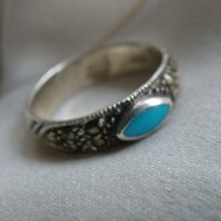 Сребърен пръстен с тюркоаз и марказити, снимка 4 - Пръстени - 40097462