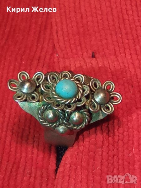 СТАРИНЕН ФЛОРАЛЕН ТЮРКОАЗЕН РЕТРО АР НУВО МЕЛХИОРЕН ПРЪСТЕН МАЙСТОРСКА ИЗРАБОТКА 24475, снимка 1