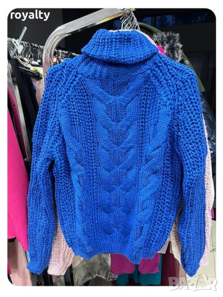 Дамски син пуловер ръчно плетиво, снимка 1
