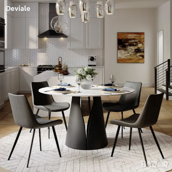 Модерна кръгла маса за хранене за 4 души, плот от матов синтерован камък, снимка 1