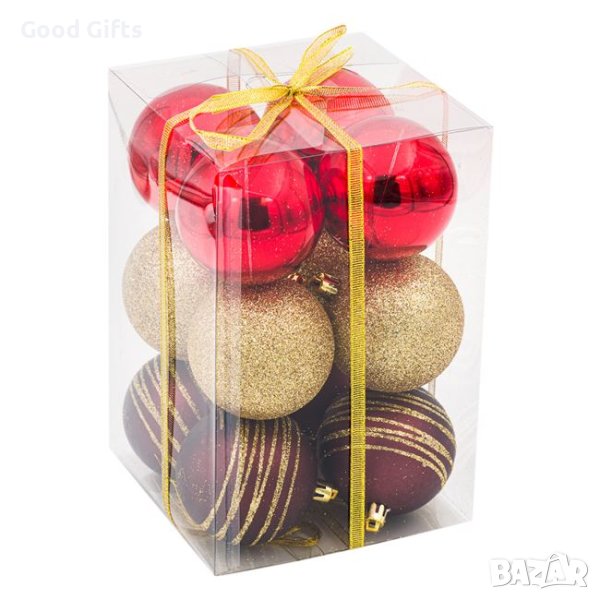 12 броя Комплект коледни топки, Червени и златни, 8см, снимка 1