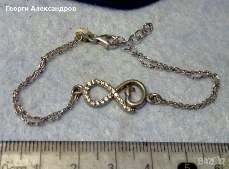 БЕЗКРАЙНА ЛЮБОВ Нежна Романтична Скъпоценна СРЕБЪРНА Гривна СРЕБРО 925 с БЯЛА ПОЗЛАТА и ЦИРКОНИ, снимка 1