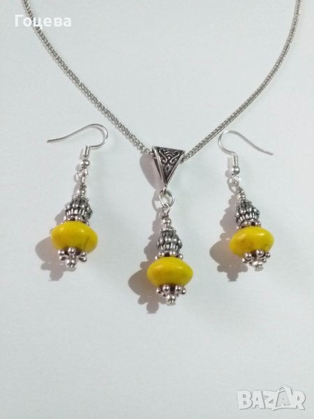 Комплект с красив жълт Тюркоаз и орнаменти в цвят Антично сребро в Бохемски стил, снимка 1