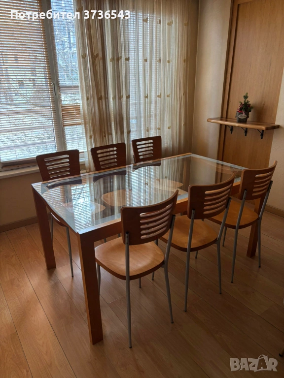 Стъклена трапезна маса 160×90 + 6 стола, дъб/метал, снимка 1