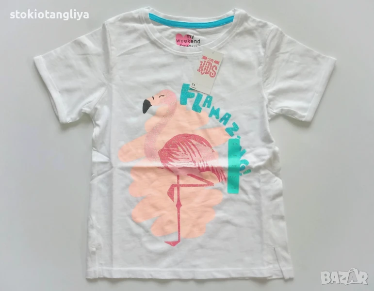 Тениска Matalan с фламинго, за момиче, размер 6-7 г, 122 см, снимка 1