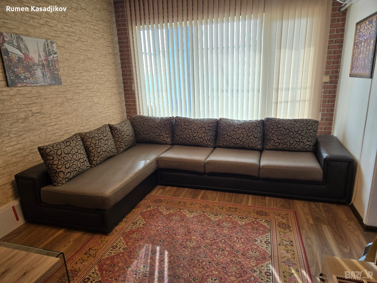 Ъглови дивани корпус естествена кожа възглавници от текстил , снимка 1