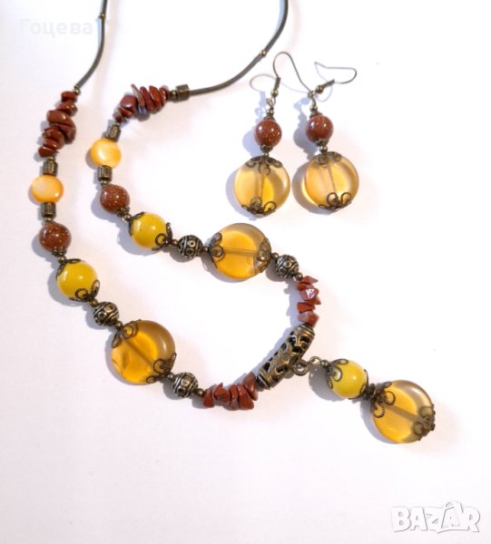 Уникален Бохо комплект бижута обици и колие с камъни Цитрин, Седеф,Яспис,Слънчев камък , снимка 1