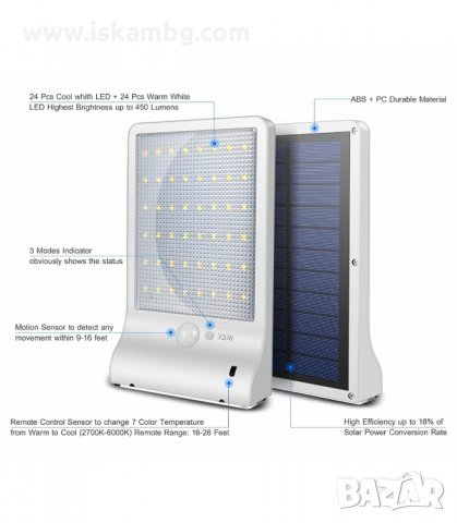ВЪНШНО СОЛАРНА ОСВЕТЛЕНИЕ, ЛАМПА С 48 ДИОДА ЗА СТЕНА СЪС СЕНЗОР ЗА ДВИЖЕНИЕ - код 48 диода, снимка 8 - Соларни лампи - 33939831