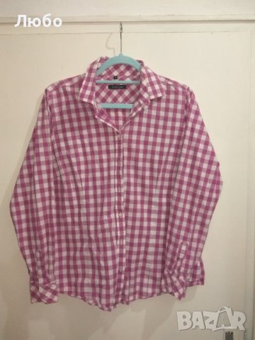 Риза, бяла/лилава, шахматна, дълъг ръкав, снимка 1 - Ризи - 41024324