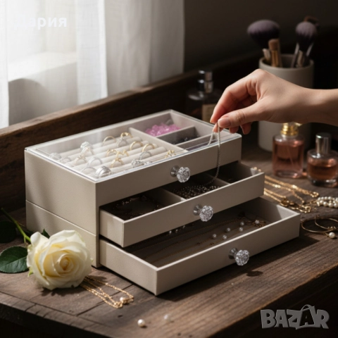 Органайзер за бижута с три чекмеджета – Multi functional Jewelry Storage Box, снимка 2 - Бижутерийни комплекти - 52690948