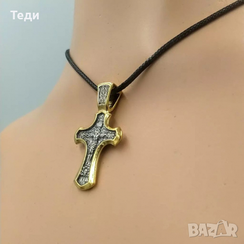 Двулицев сребърен кръст с 24 Карата позлата, с Христос, снимка 2 - Колиета, медальони, синджири - 36160421