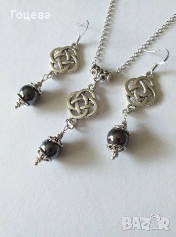 Красив комплект бижута с Хематит и символ Келтски Любовен възел в цвят сребро , снимка 2 - Бижутерийни комплекти - 41101369