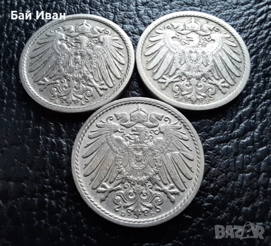 Стара монета 5 пфенига 1908 г. букви A , D и F - Германия -три разновидности !, снимка 2 - Нумизматика и бонистика - 39779148