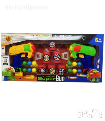 Детски комплект пистолети, 2бр., топчета и кенчета