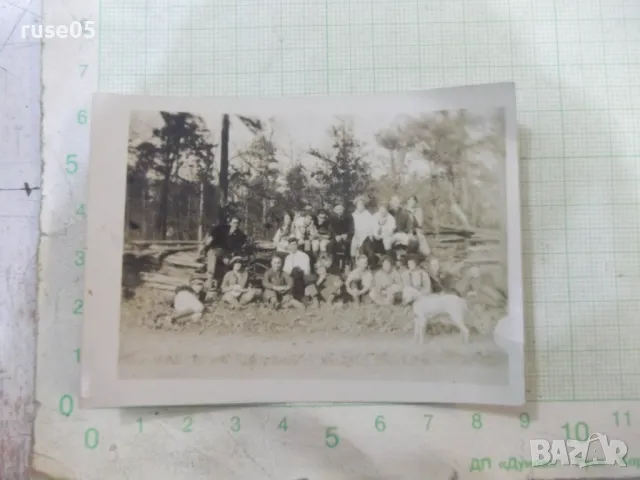 Снимка стара на група на излет в гората с куче в Америка