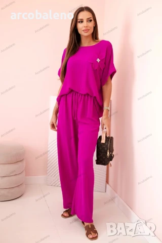 Дамски комплект от две части от вискоза с декоративно цвете и широки панталони, 14цвята , снимка 7 - Комплекти - 50508774