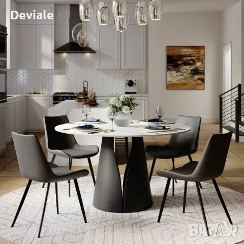 Модерна кръгла маса за хранене за 4 души, плот от матов синтерован камък