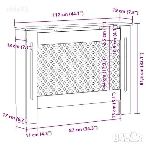 vidaXL Параван за радиатор, бял, 112x19x81,5 см, МДФ, снимка 9 - Паравани - 56146537