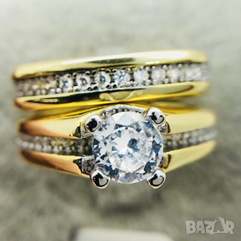 Комплект от 2 пръстена с бели циркони, позлата, снимка 2 - Пръстени - 41875696