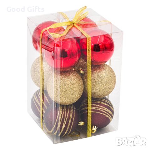 12 броя Комплект коледни топки, Червени и златни, 8см