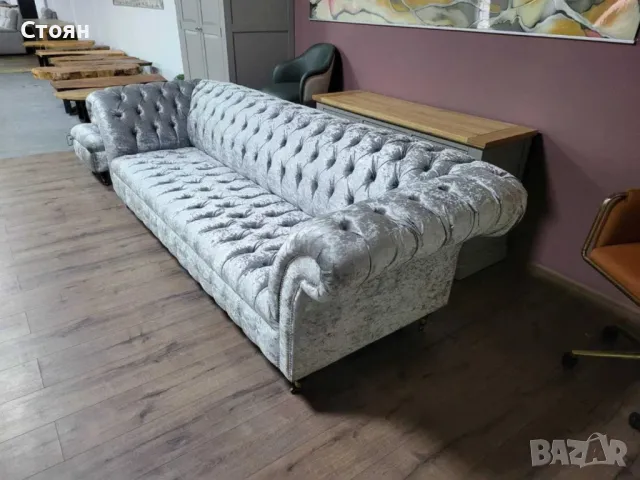 Голям сив диван от плат Честърфийлд и табуретка, снимка 10 - Дивани и мека мебел - 48286284