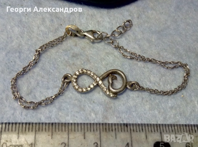 БЕЗКРАЙНА ЛЮБОВ Нежна Романтична Скъпоценна СРЕБЪРНА Гривна СРЕБРО 925 с БЯЛА ПОЗЛАТА и ЦИРКОНИ