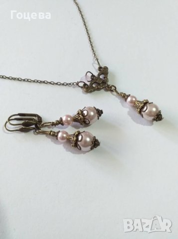 Красив бронзов Викториански Перлен комплект с розови кристални перли , снимка 4 - Бижутерийни комплекти - 40710038