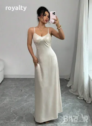 Елегантна сатенена рокля в цвят шампанско от тъкан плат 🥥, снимка 3 - Рокли - 49205541