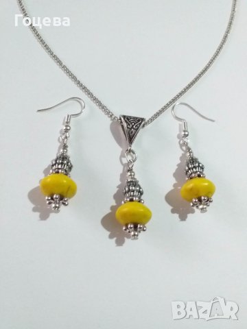 Комплект с красив жълт Тюркоаз и орнаменти в цвят Антично сребро в Бохемски стил, снимка 1
