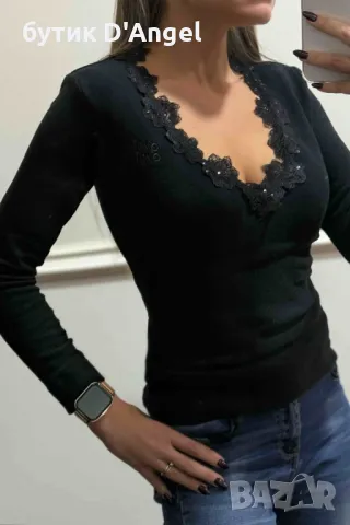 AVIN Блуза плетиво в черно с дантела и бродерия, снимка 2 - Блузи с дълъг ръкав и пуловери - 47990461