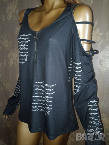 Sheilay L-Ефектен топ/ блуза с надписи и интересен ръкав , снимка 1 - Блузи с дълъг ръкав и пуловери - 44773141