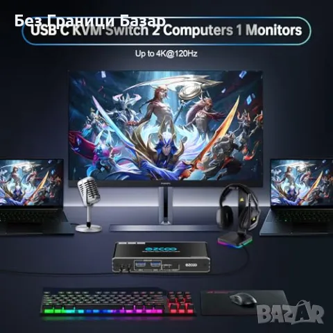 Нов KVM Превключвател 2 Лаптопа 1 Монитор 4K 120Hz USB-C HDMI 2.1, снимка 2 - Друга електроника - 49439577