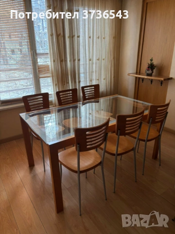 Стъклена трапезна маса 160×90 + 6 стола, дъб/метал