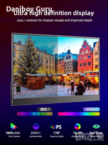  Професионален IPS 15.6" преносим монитор, 2000:1 CR 1080P IPS матов USB-C Mini HDMI външен, снимка 2 - Монитори - 53401980