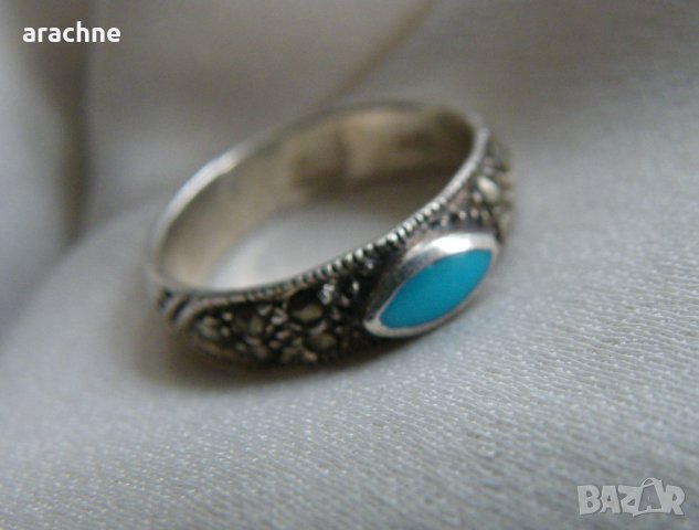 Сребърен пръстен с тюркоаз и марказити, снимка 4 - Пръстени - 40097462