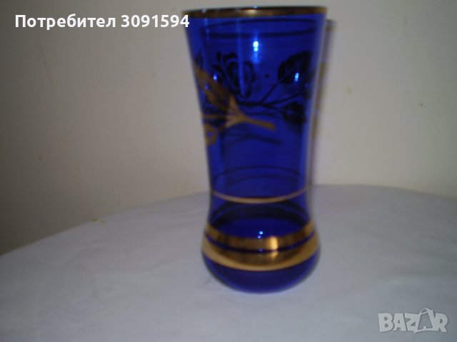 Ретро синя стъклена ваза с златни орнаменти, снимка 4 - Други ценни предмети - 41408508