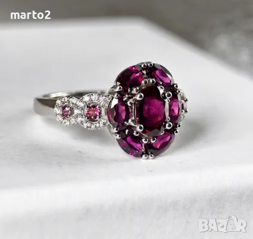 Прекрасен Сребърен 925 Пръстен с Родиево покритие и Натурални Родолити и Циркони!, снимка 2 - Пръстени - 48320503