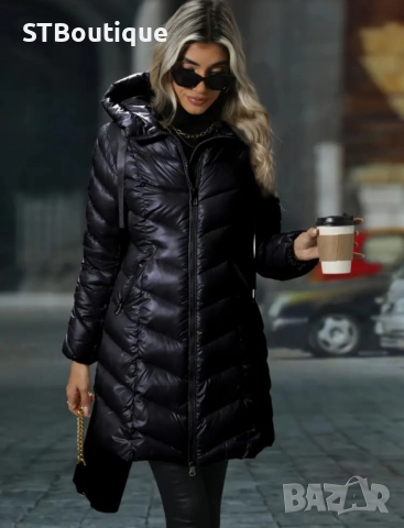 🧥 Дамско зимно яке със средна дължина в Черен и  цвят Кайсия , снимка 2 - Якета - 52267520