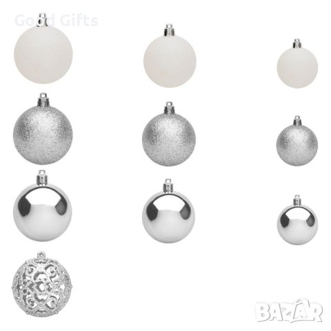 50 броя Комплект коледни топки, Сребристобели в 3 размера, снимка 2 - Други стоки за дома - 42672528