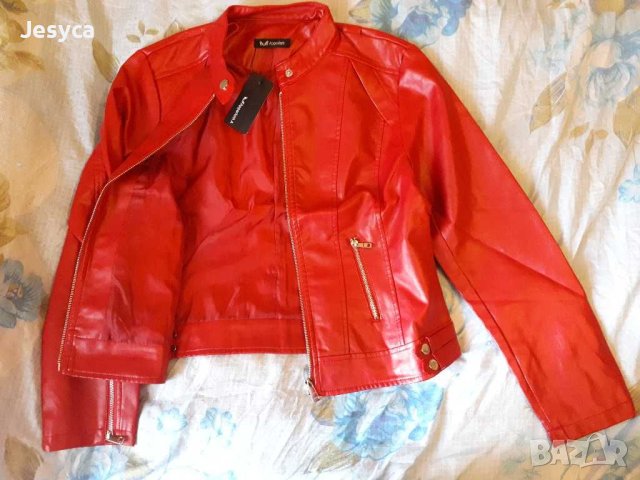 Червено дамско кожено яке, снимка 2 - Якета - 41082047