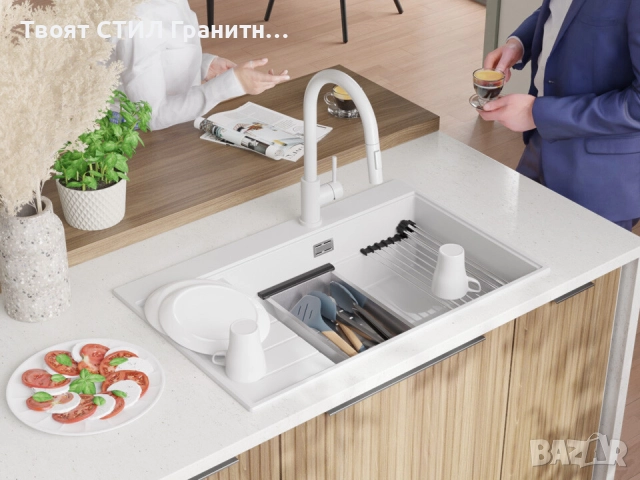 Бяла гранитна кухненска мивка Сидни 780-60 Ergo Multilevel 780х500, снимка 4 - Мивки - 51918250