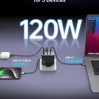 USB C зарядно, NOVOO 120W лаптоп GaN зарядно устройство,PD3.0, 3 порта, снимка 3 - Други - 44398518