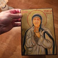 Старинна ръчно рисувана икона на Майка Тереза от Калкута  - светица грижеща се за най-бедните и болн, снимка 2 - Икони - 44354913